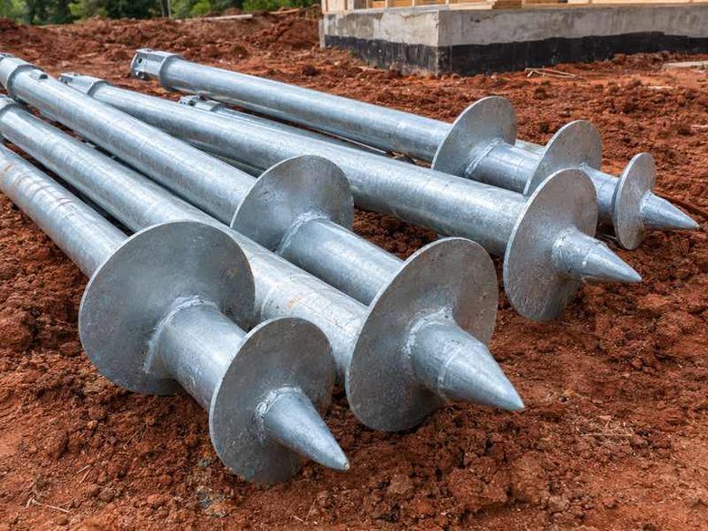 Helical piers driven to stable soil under a Western NC foundation