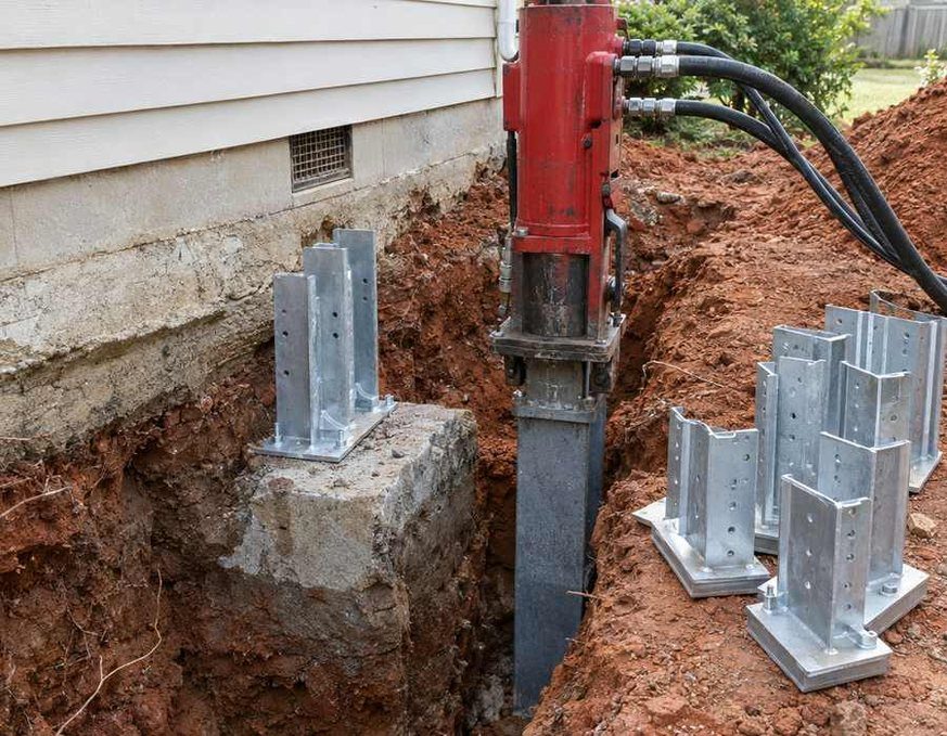 Push pier being driven under an Asheville, NC foundation